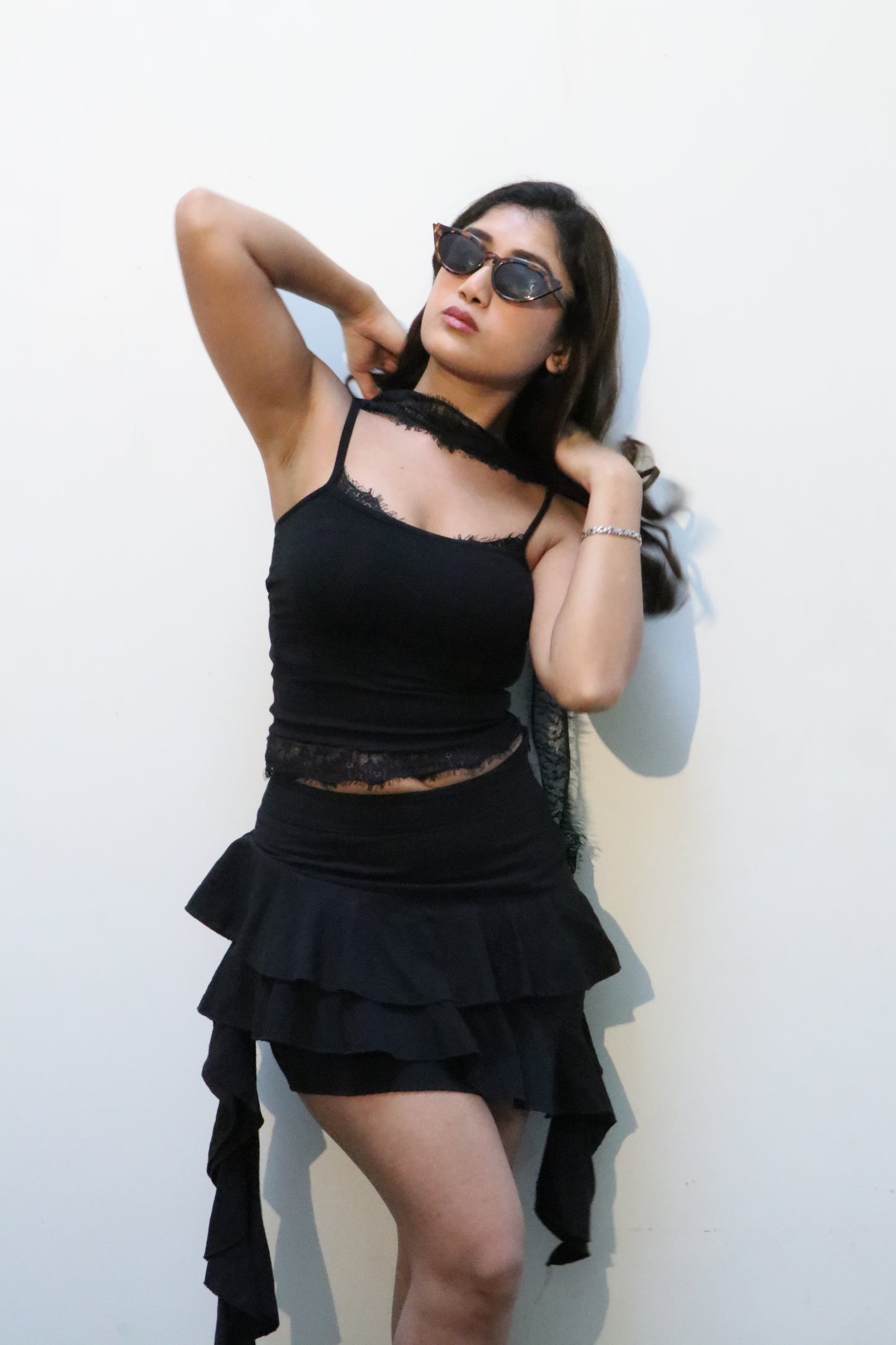 Truffle Crème: Black lace tank top + Scarf