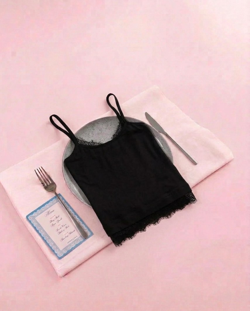 Truffle Crème: Black lace tank top + Scarf