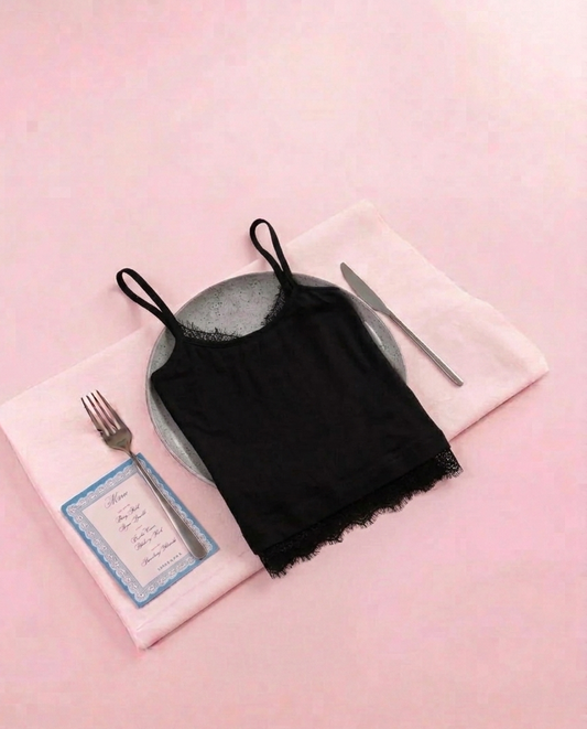 Truffle Crème: Black lace tank top + Scarf