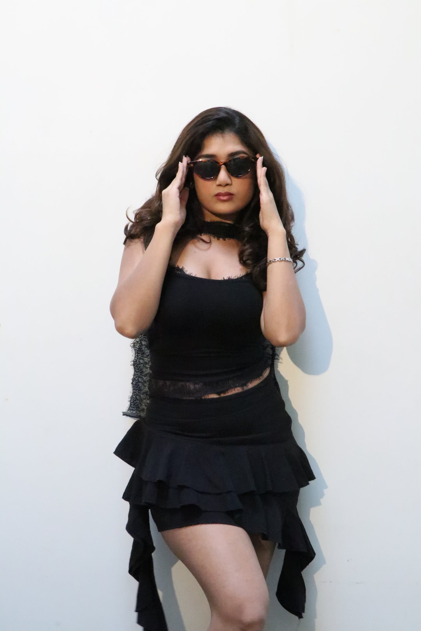 Truffle Crème: Black lace tank top + Scarf